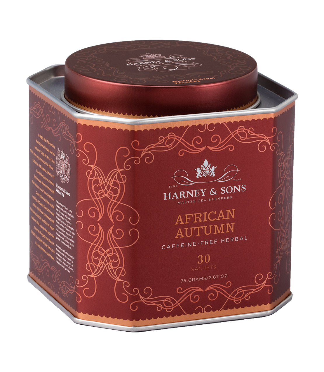 Caffeine-free herbal tea tin labeled "African Autumn" by Harney & Sons, containing 30 sachets, 75 grams.