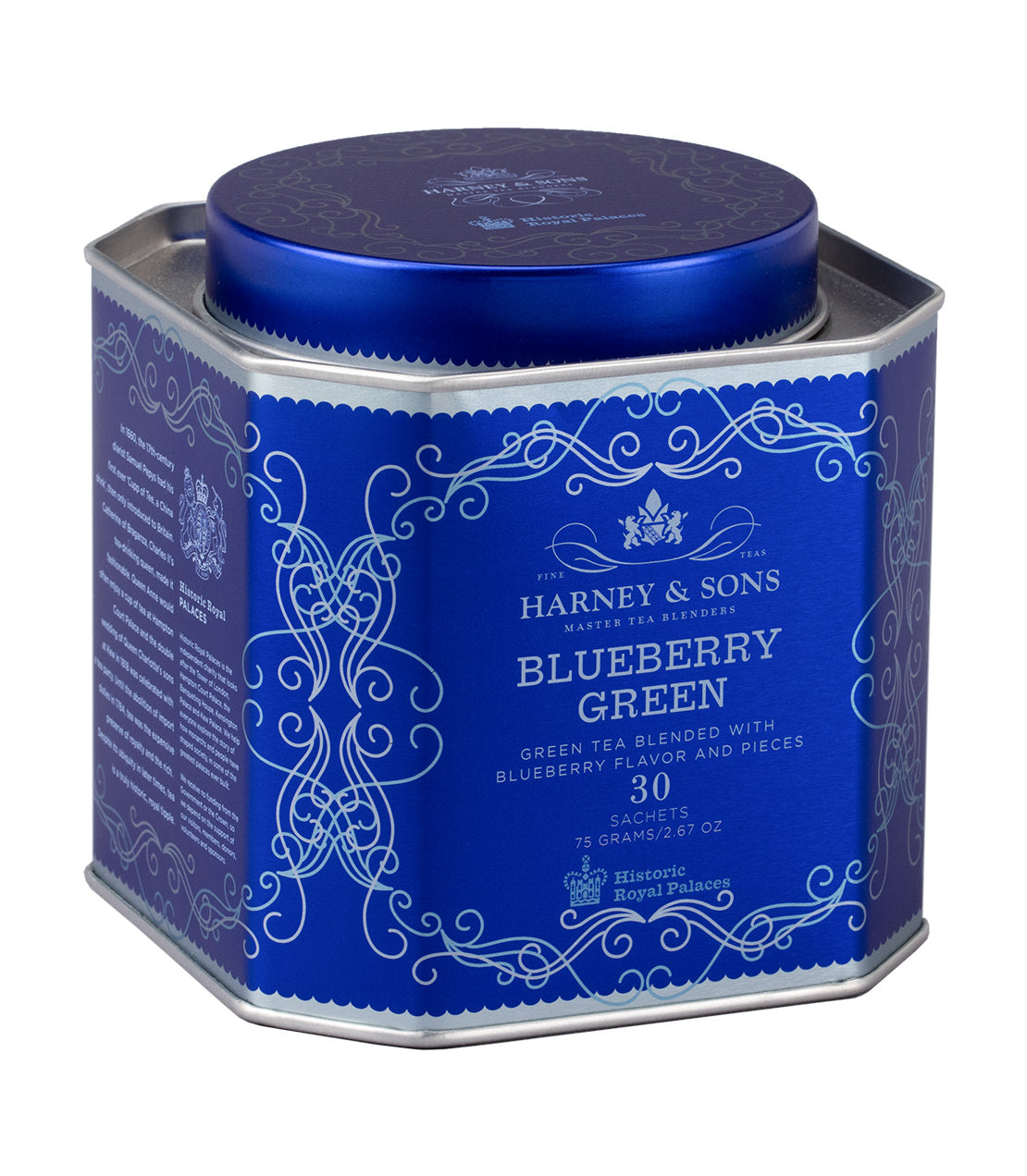 Blueberry Green tea tin by Harney & Sons, containing 30 sachets of green tea blended with blueberry flavor and pieces.