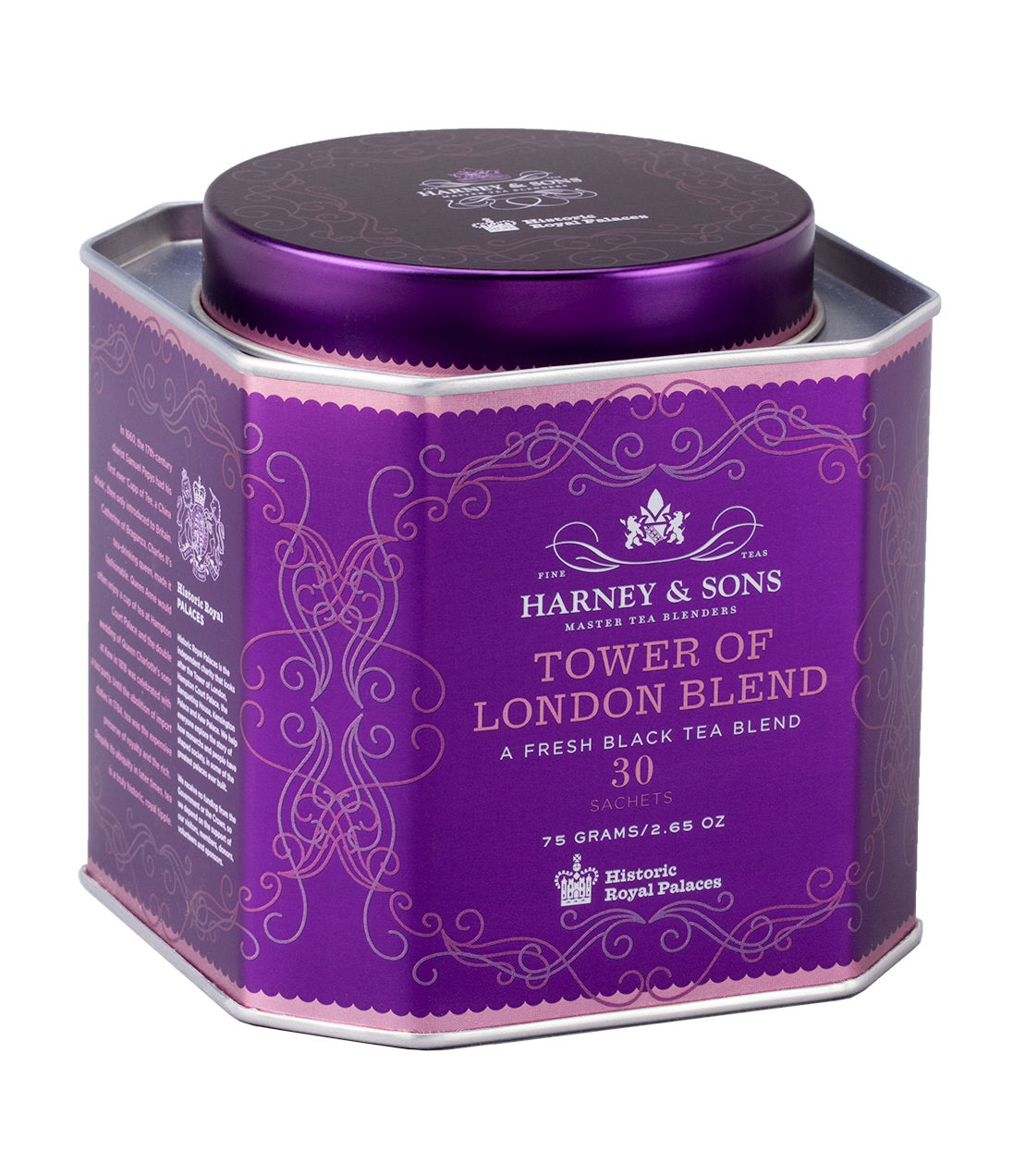 Purple tin of Harney & Sons Tower of London Blend tea, featuring intricate design and 30 sachets inside.