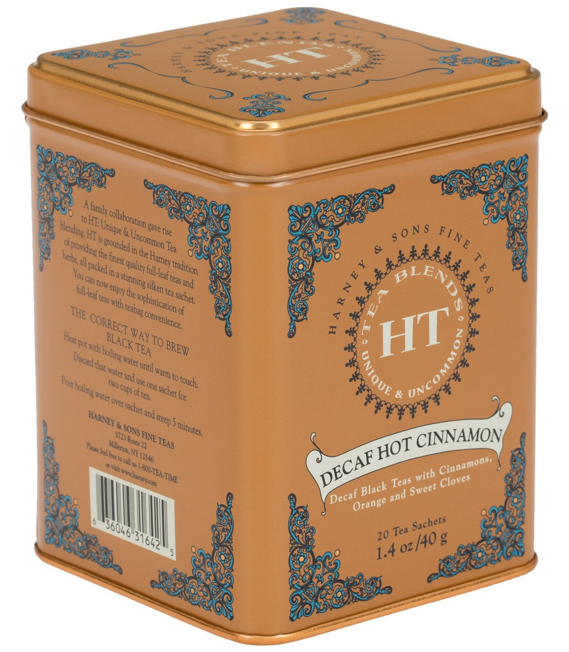 Decorative tin of Decaf Hot Cinnamon tea by Harney & Sons, featuring cinnamon, orange, and sweet cloves.