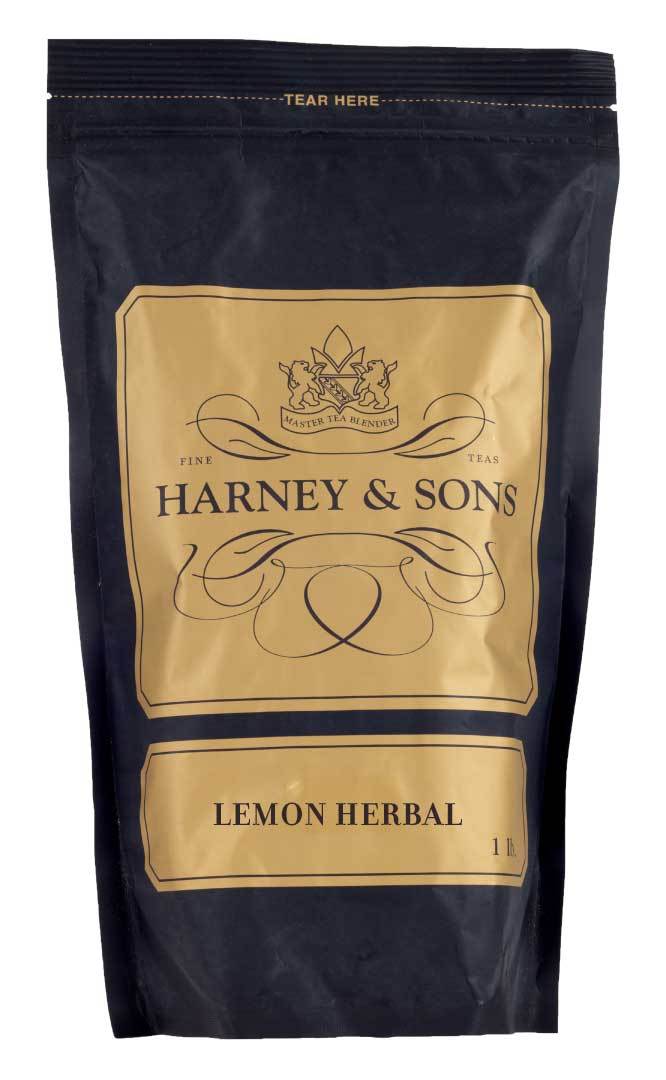 Black tea bag featuring "Harney & Sons Lemon Herbal" label, showcasing a gold and black design.