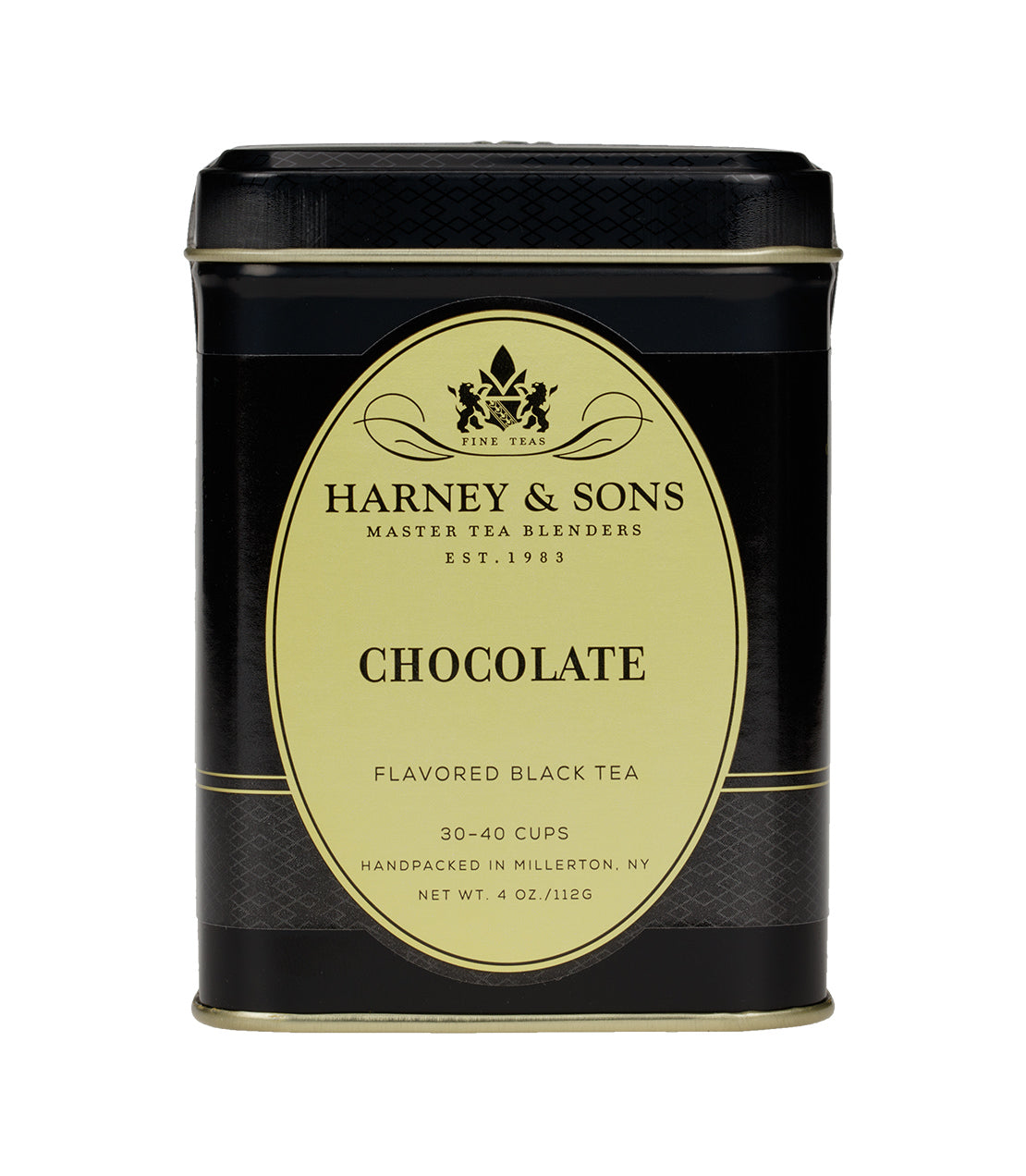 Harney & Sons Chocolate Tea tin, 4 oz, featuring elegant design and label, perfect for tea lovers.
