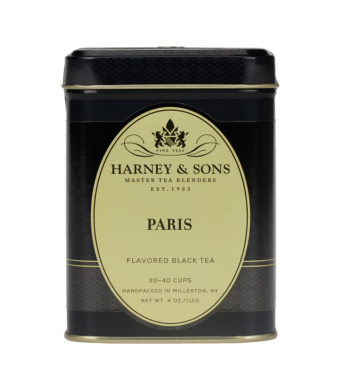 Black tea tin labeled "Paris" by Harney & Sons, featuring elegant design and details about flavor and servings.