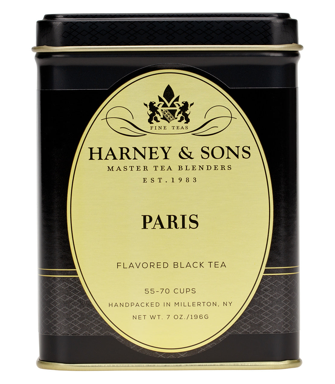 Black tea tin labeled "Paris" by Harney & Sons, featuring elegant gold and black design, 7 oz, brews 55-70 cups.