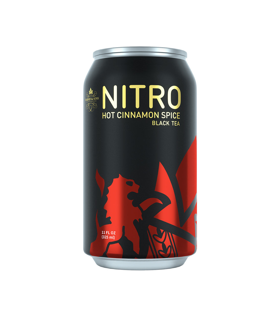 Can of Hot Cinnamon Spice Nitrogen Tea featuring a black design with red accents and bold text.