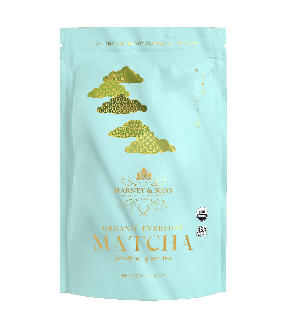 Organic Everyday Matcha powder packaging by Harney & Sons, featuring a light blue design with gold accents.