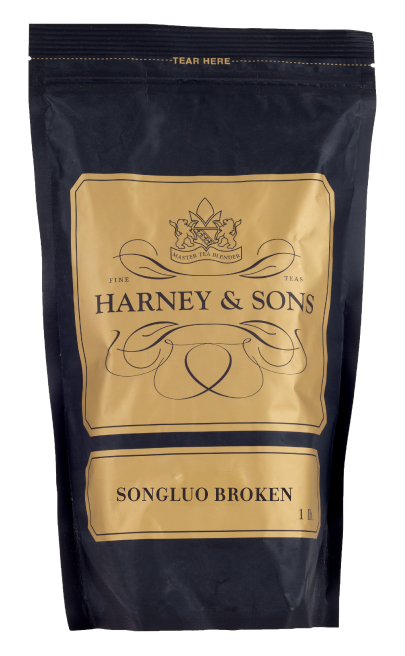 Harney & Sons Songluo Broken tea packaging, featuring a black bag with gold accents and brand logo.