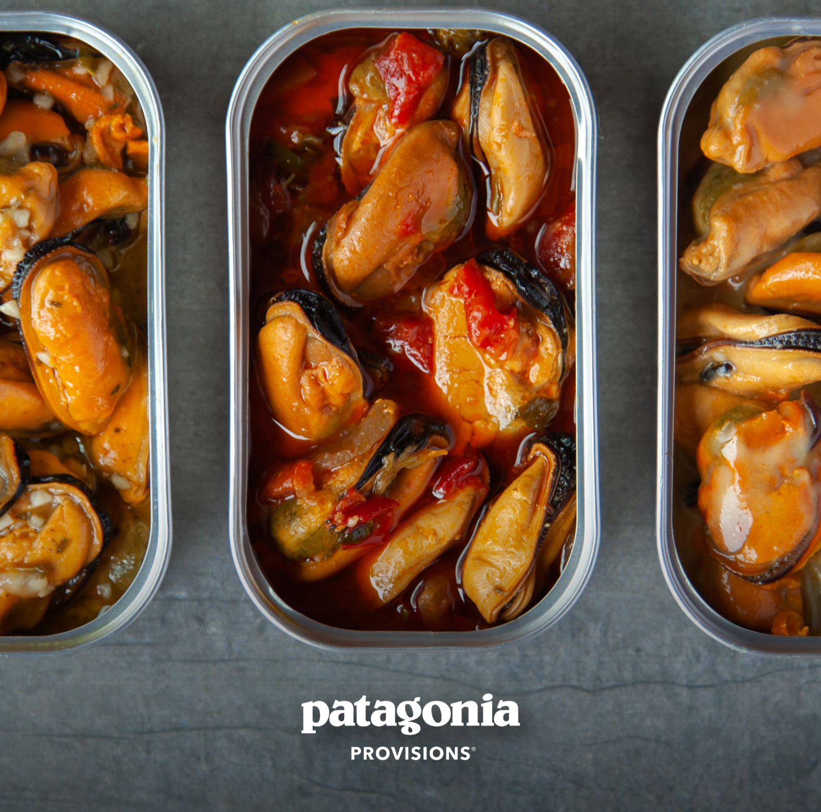 Cans of Patagonia Provisions mussels in assorted flavors, showcasing vibrant seafood in rich sauces.