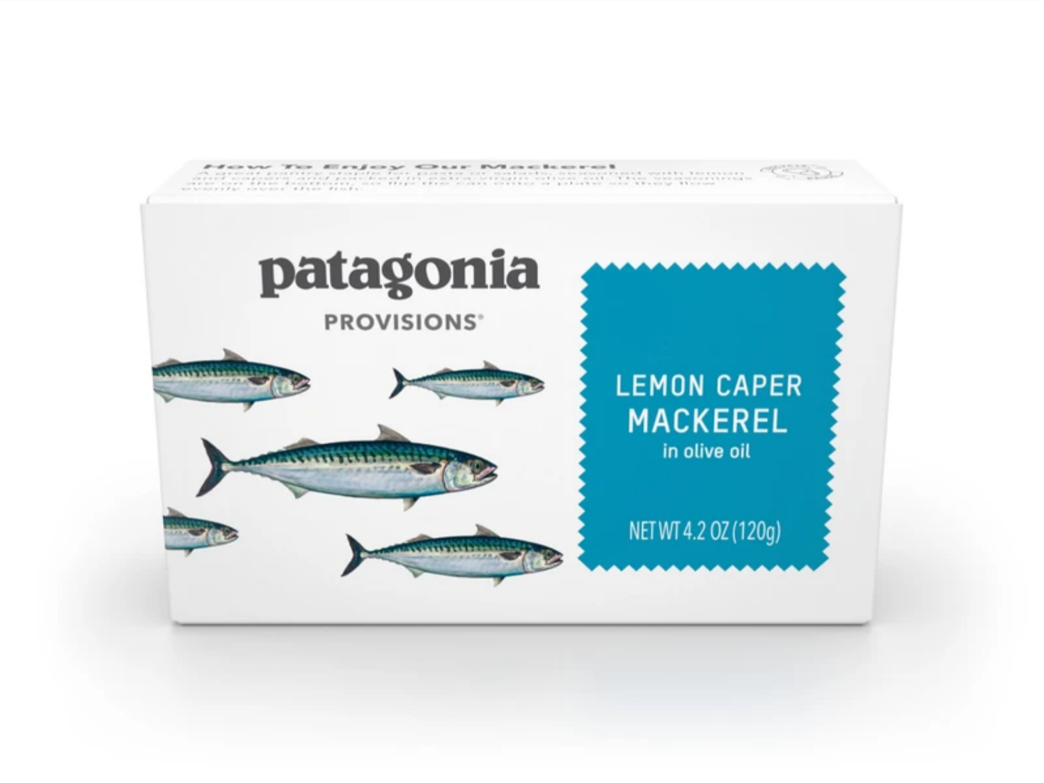 Patagonia Provisions mackerel in assorted flavors, featuring lemon caper in olive oil, 4.2 oz packaging.