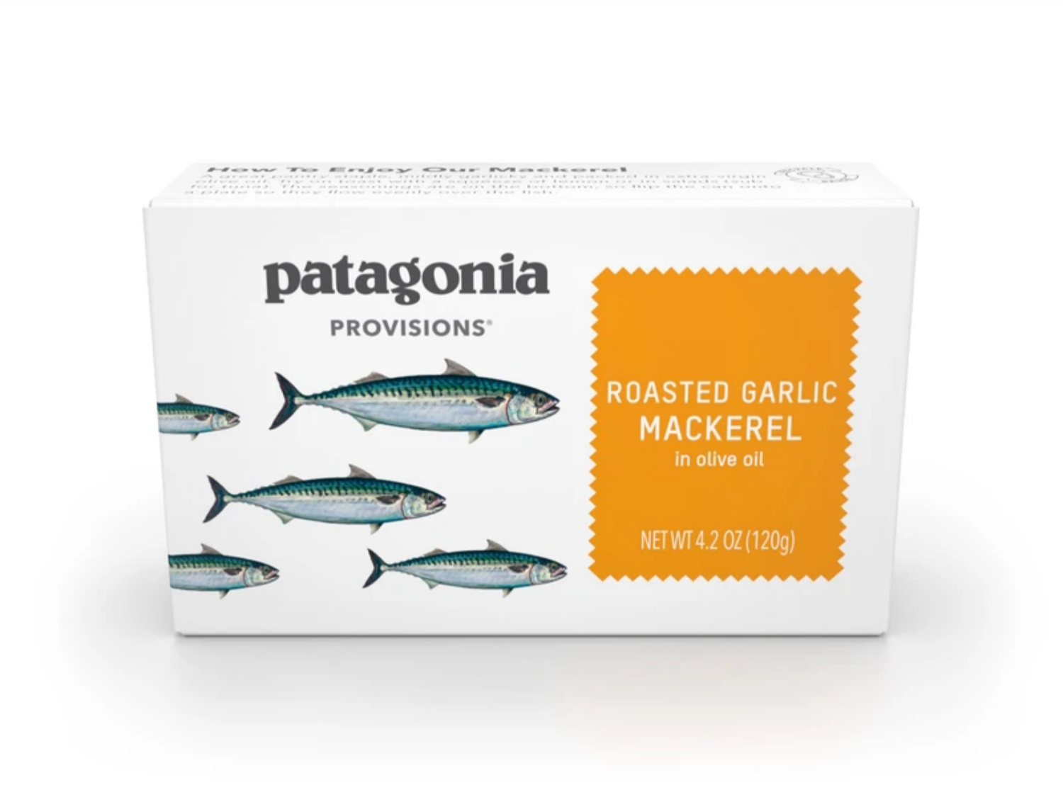 Patagonia Provisions roasted garlic mackerel in olive oil, 4.2 oz box with fish illustrations on the packaging.