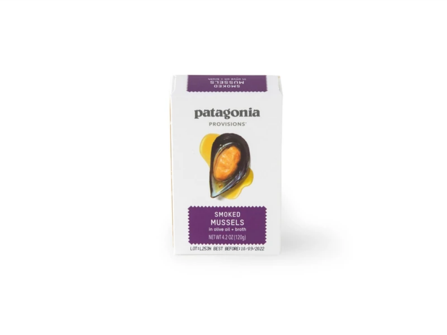 Patagonia Provisions smoked mussels in assorted flavors, packaged in a white box with purple accents.