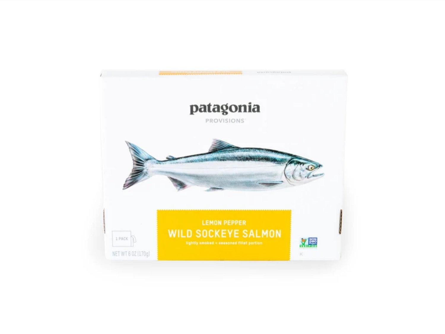 Patagonia Provisions Wild Sockeye Salmon in Lemon Pepper flavor, packaged in a white box with a fish illustration.