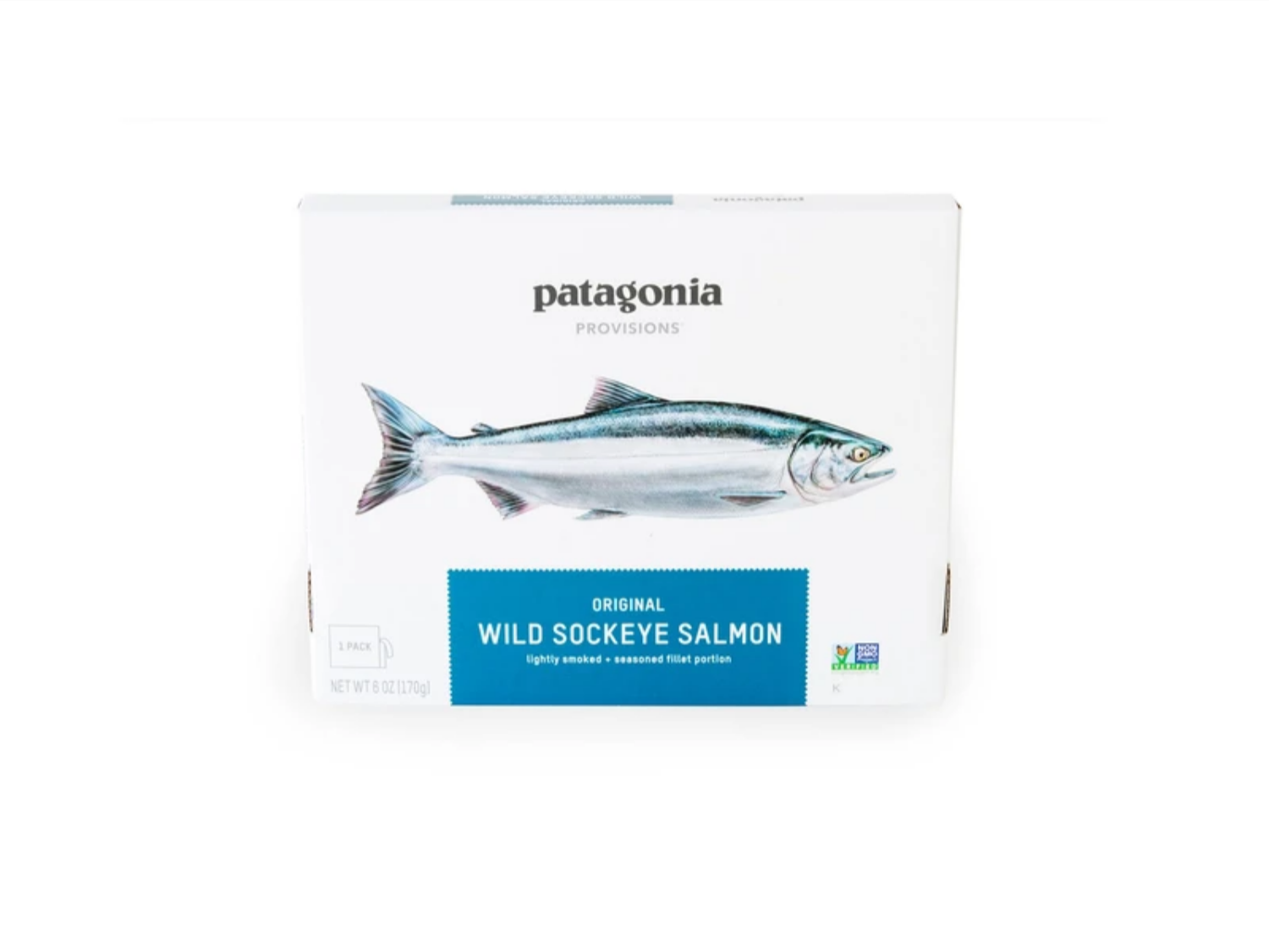 Patagonia Provisions Wild Sockeye Salmon packaging featuring an illustration of a salmon and assorted flavors.