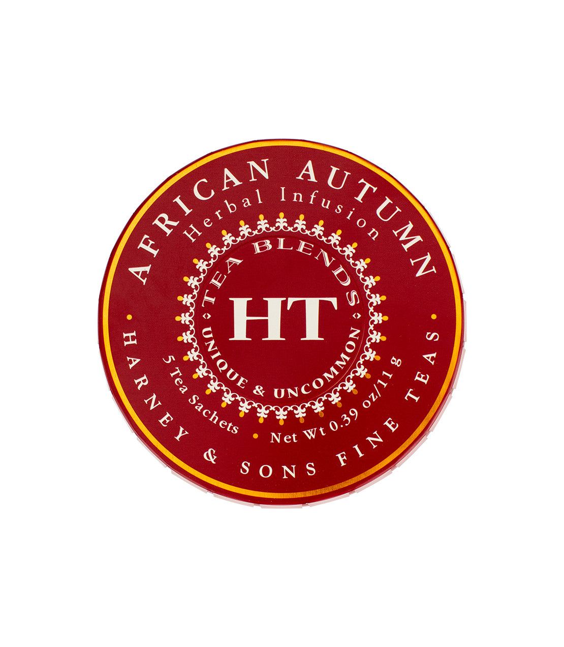 "Harney & Sons African Autumn herbal infusion tin with 5 sachets, featuring a vibrant red design.