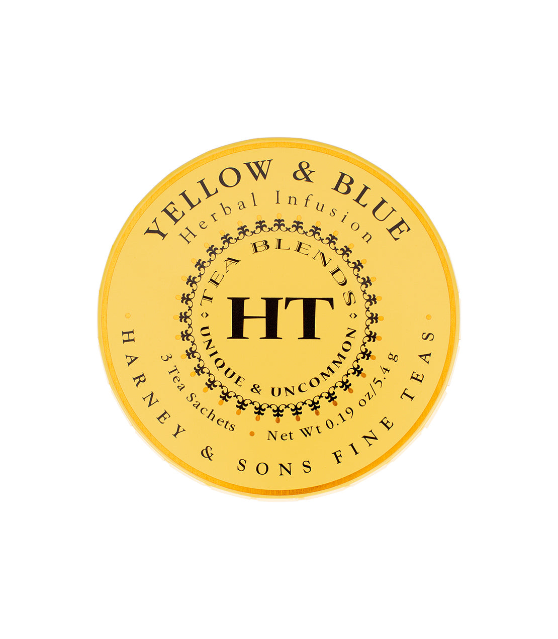 Yellow & Blue Tagalong Tin featuring 3 sachets of herbal infusion tea by Harney & Sons Fine Teas.