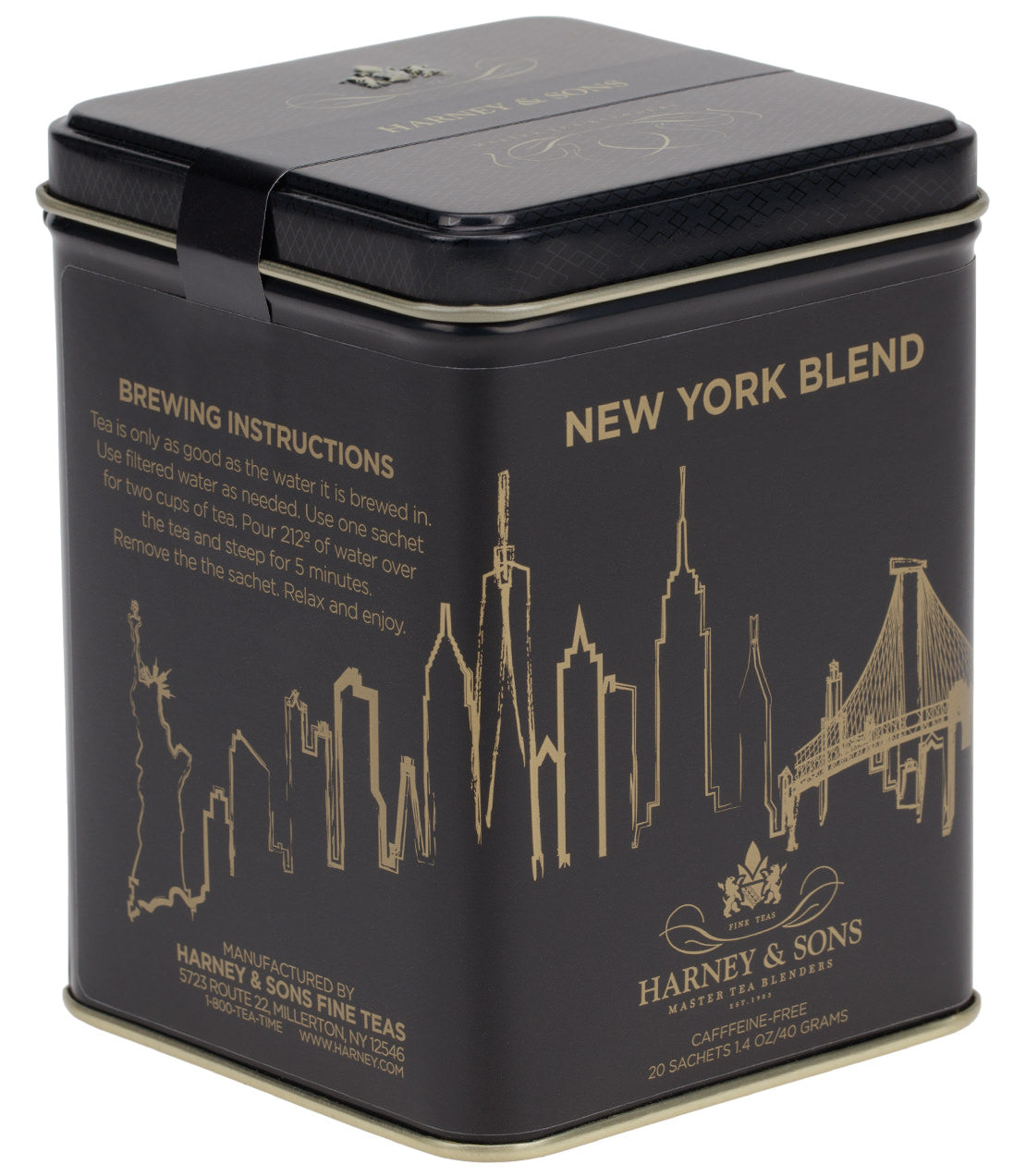 Black tin of New York Blend tea sachets, featuring brewing instructions and skyline design, contains 20 sachets.