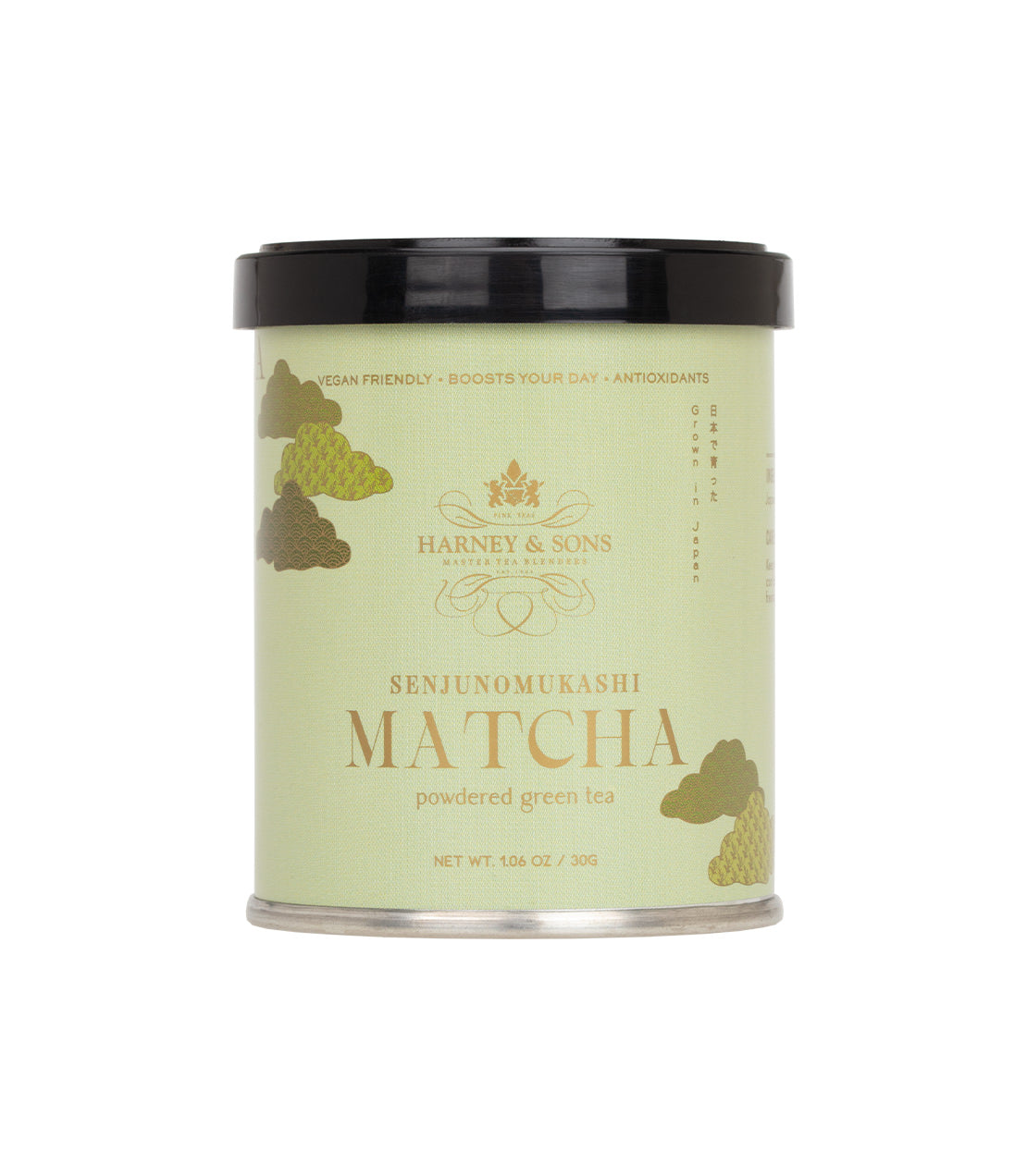 Harney & Sons Senjunomukashi Matcha powder canister, 30g, featuring a light green design with mountain graphics.