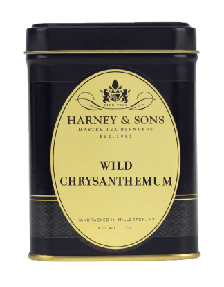 Black tin of Harney & Sons Wild Chrysanthemum tea, featuring elegant gold accents and a classic design.