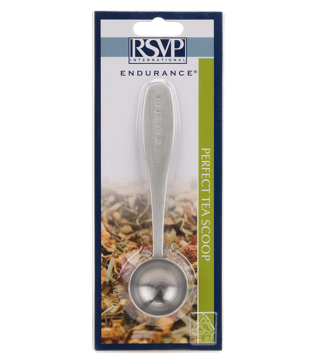 Stainless steel tea scoop in packaging, designed for measuring the perfect amount of loose tea leaves.