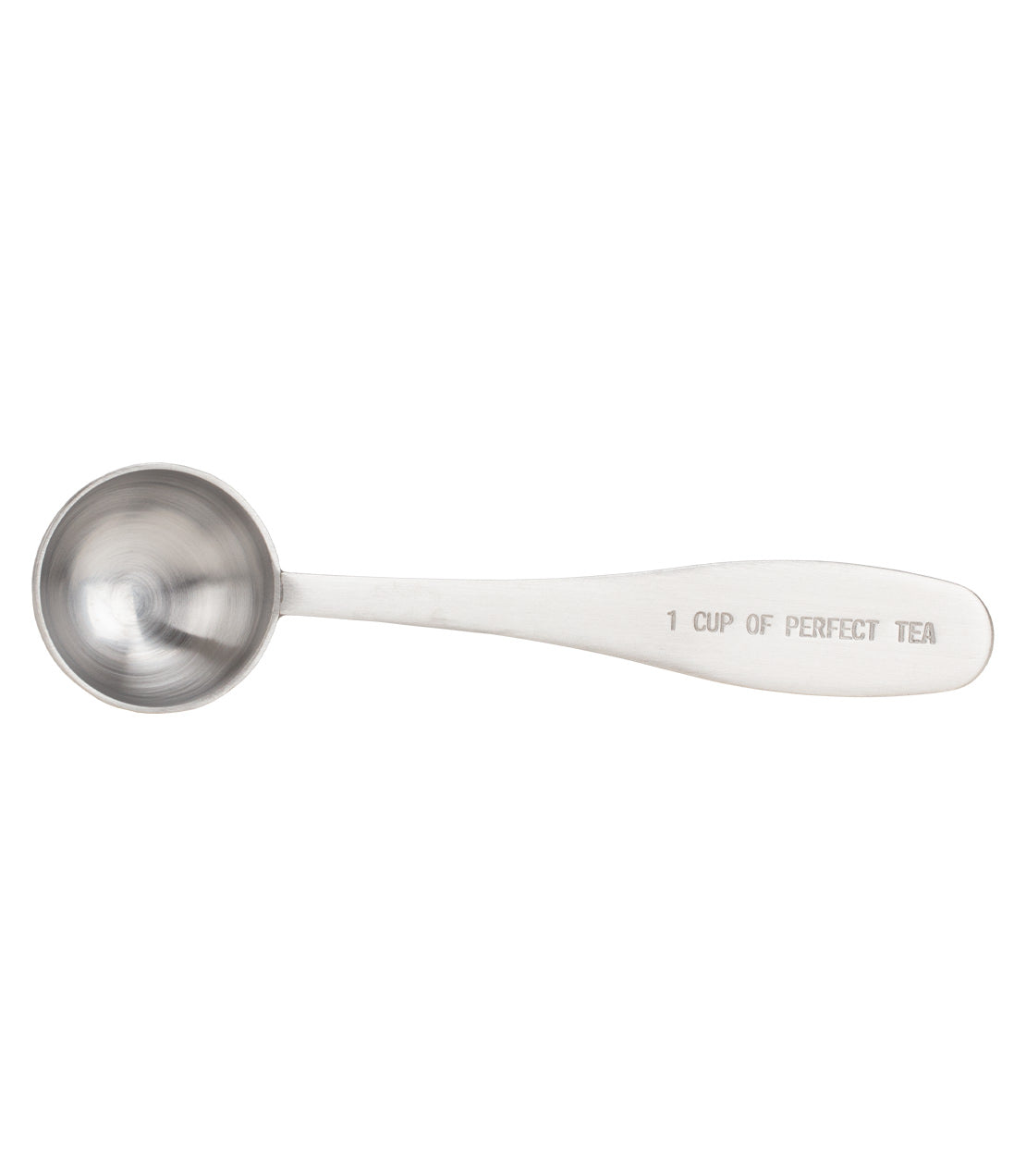 Stainless steel tea scoop labeled "1 cup of perfect tea" for precise tea measurements.