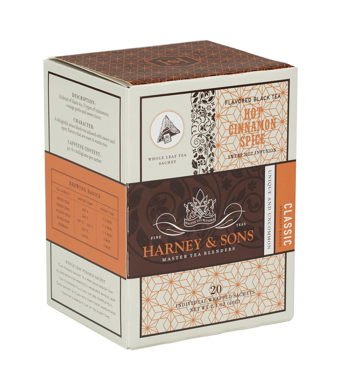 Box of 20 individually wrapped Hot Cinnamon Spice tea sachets by Harney & Sons, featuring a decorative design.