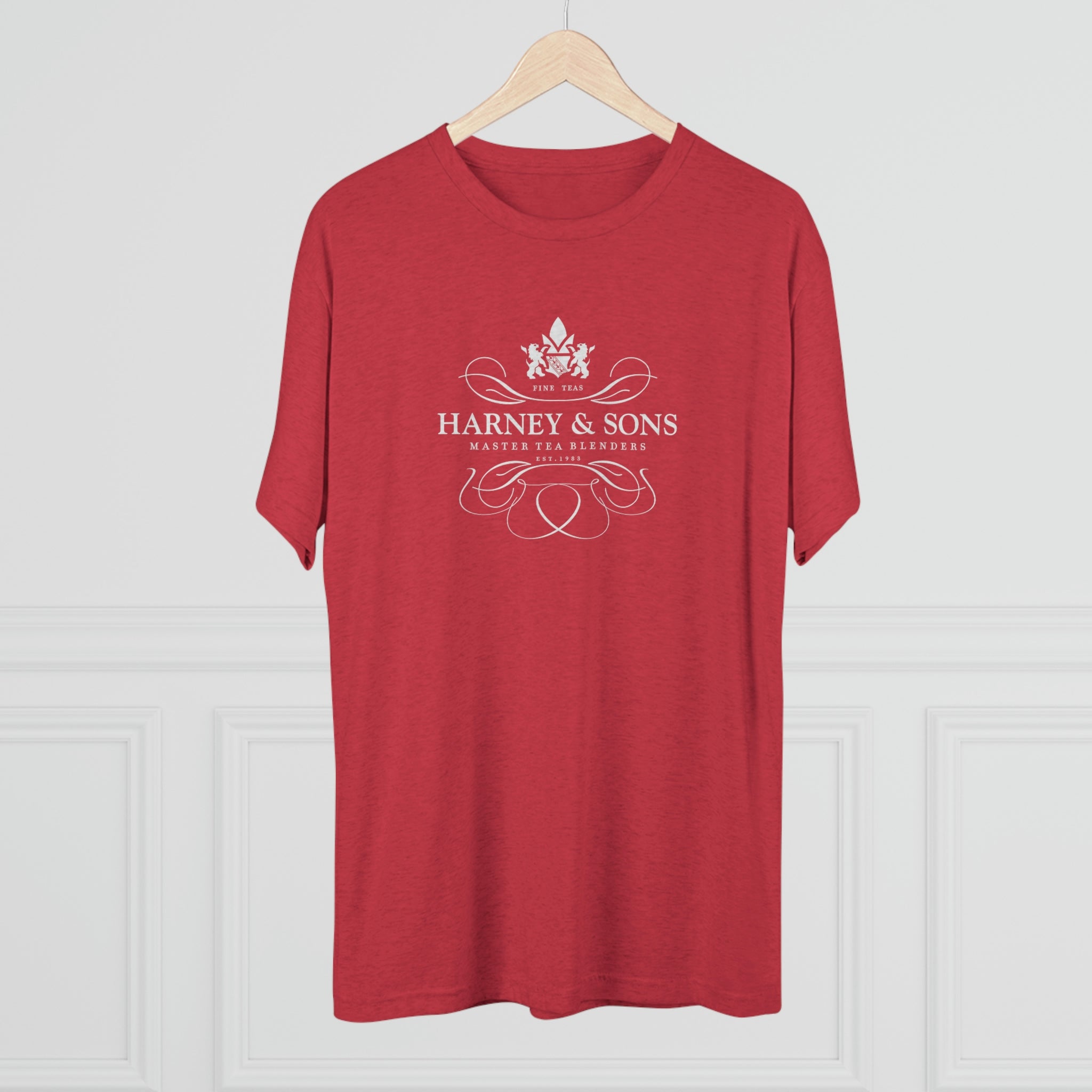 Red graphic tee featuring the Harney & Sons logo, showcasing a stylish design for tea enthusiasts.