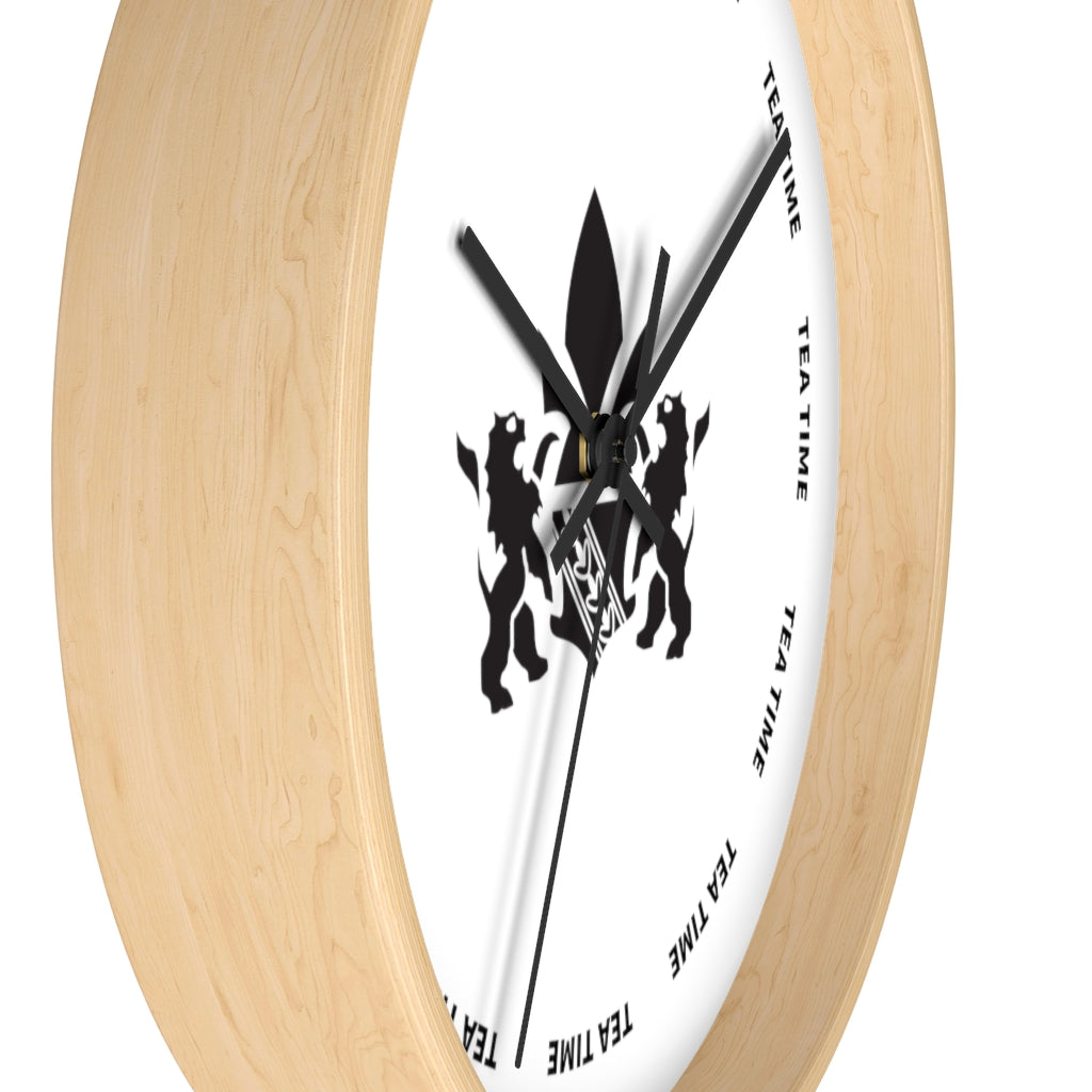 Wooden wall clock featuring a minimalist design with a tea time theme and black hour markers.