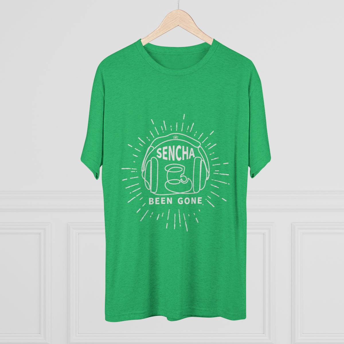 Green graphic tee featuring the text "Sencha Been Gone" with a tea cup and headphones design.