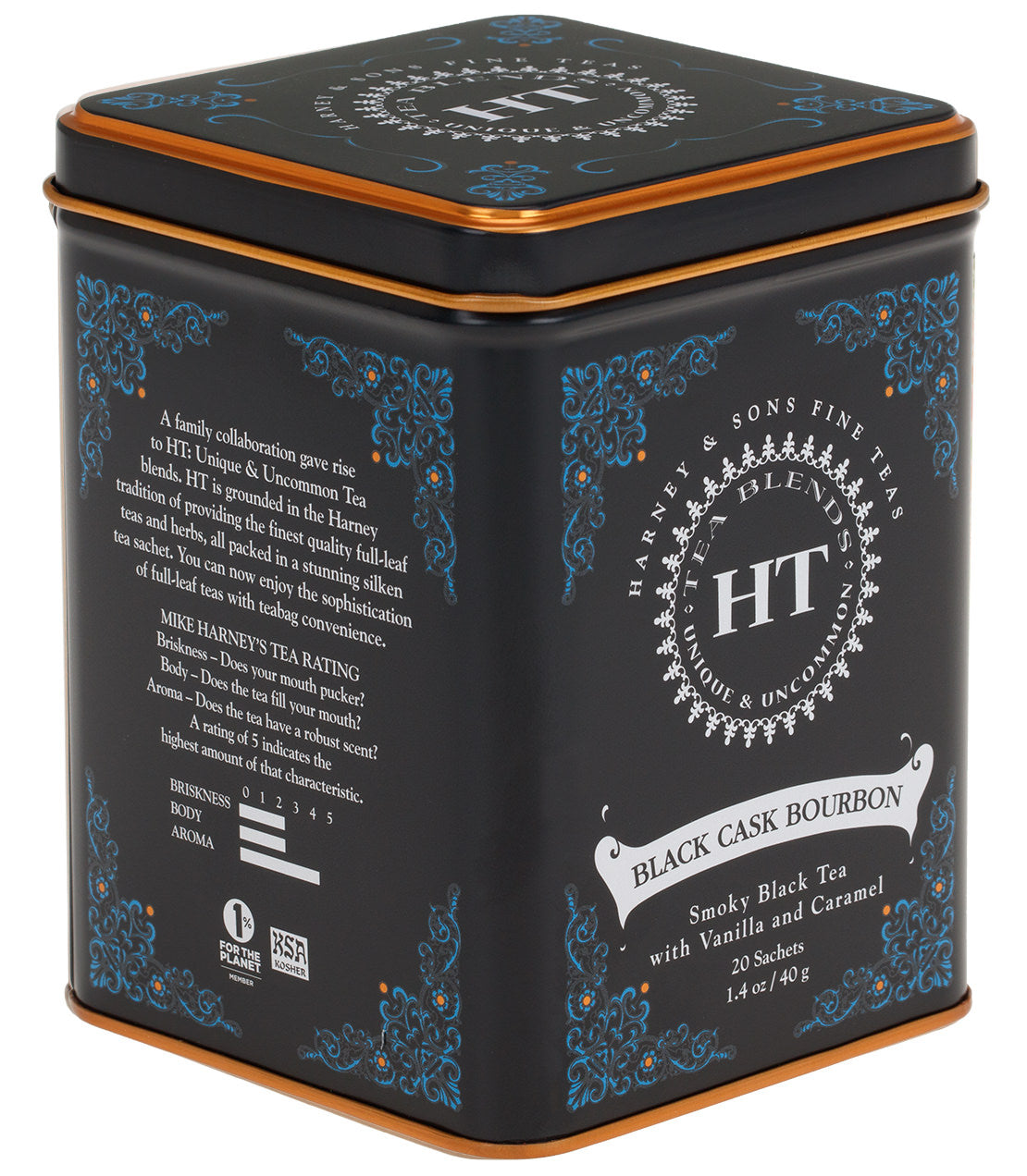 Black Cask Bourbon tea tin featuring 20 sachets, with a design highlighting smoky black tea, vanilla, and caramel.