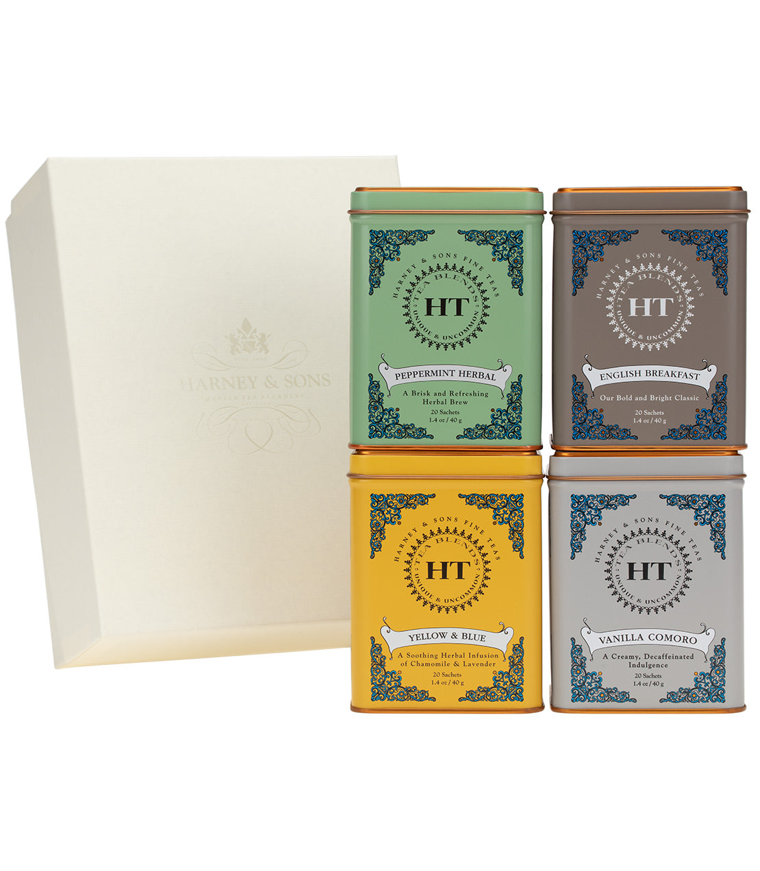 HT Snowstorm Survival Guide Gift featuring four tea tins: Peppermint Herbal, English Breakfast, Yellow & Blue, and Vanilla Comoro.
