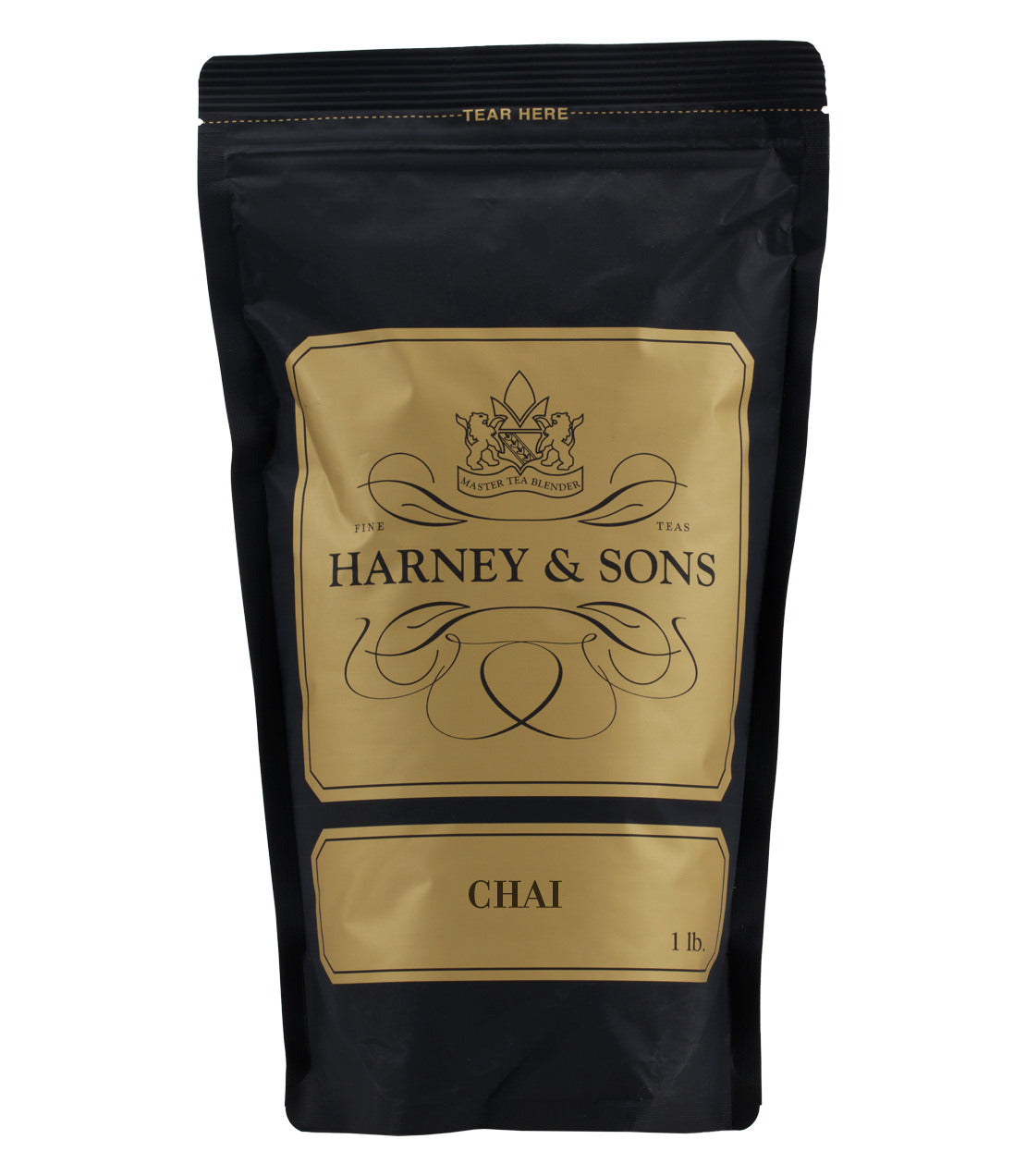Black packaging of Harney & Sons Chai tea, featuring gold accents and a tear-off top, 1 lb size.