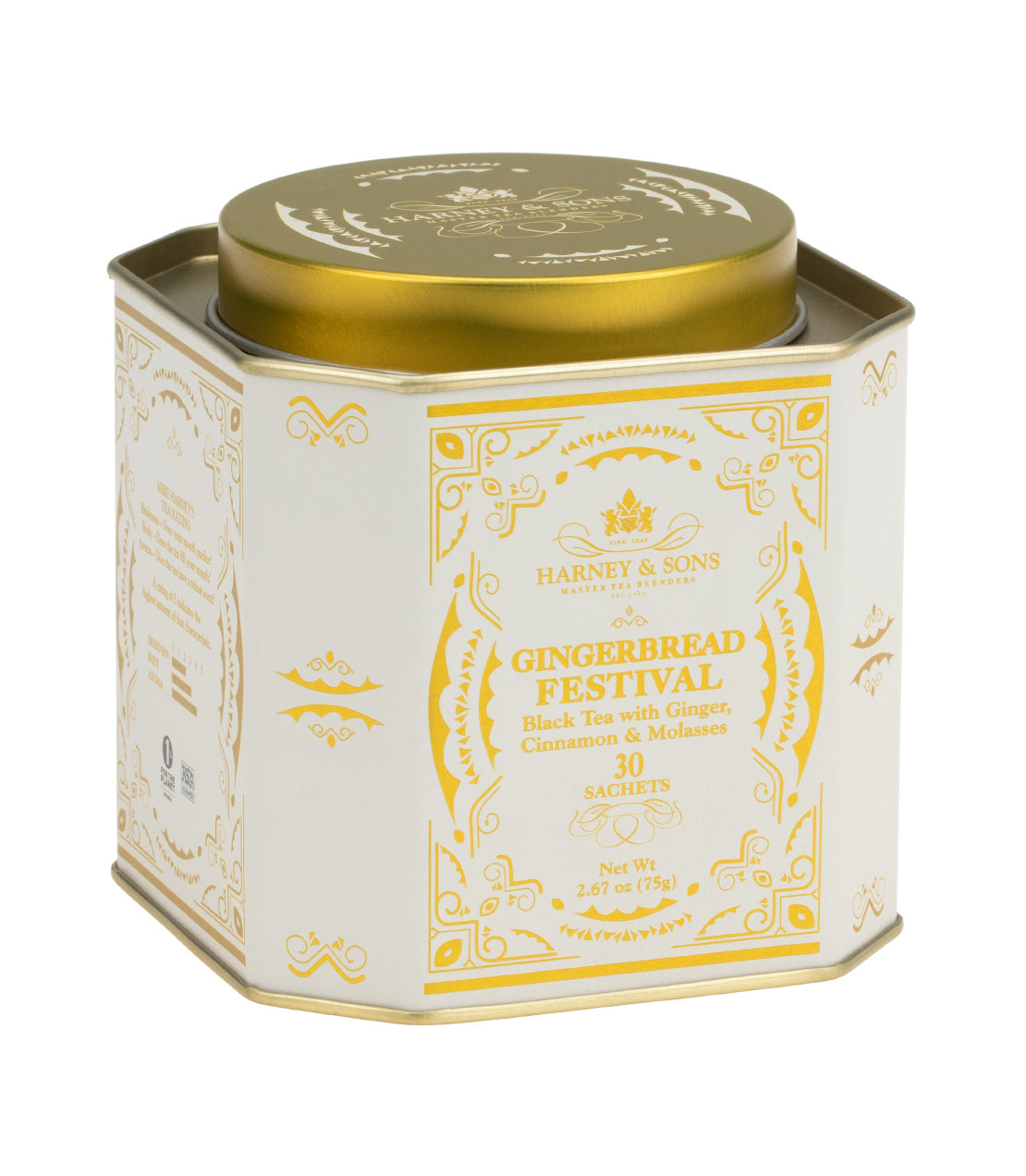 Gingerbread Festival tea tin featuring 30 sachets of black tea with ginger, cinnamon, and molasses.
