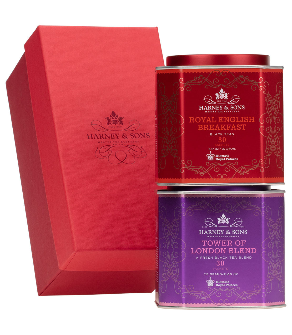"Royal Duo Gift set featuring Royal English Breakfast and Tower of London Blend teas in a red box.