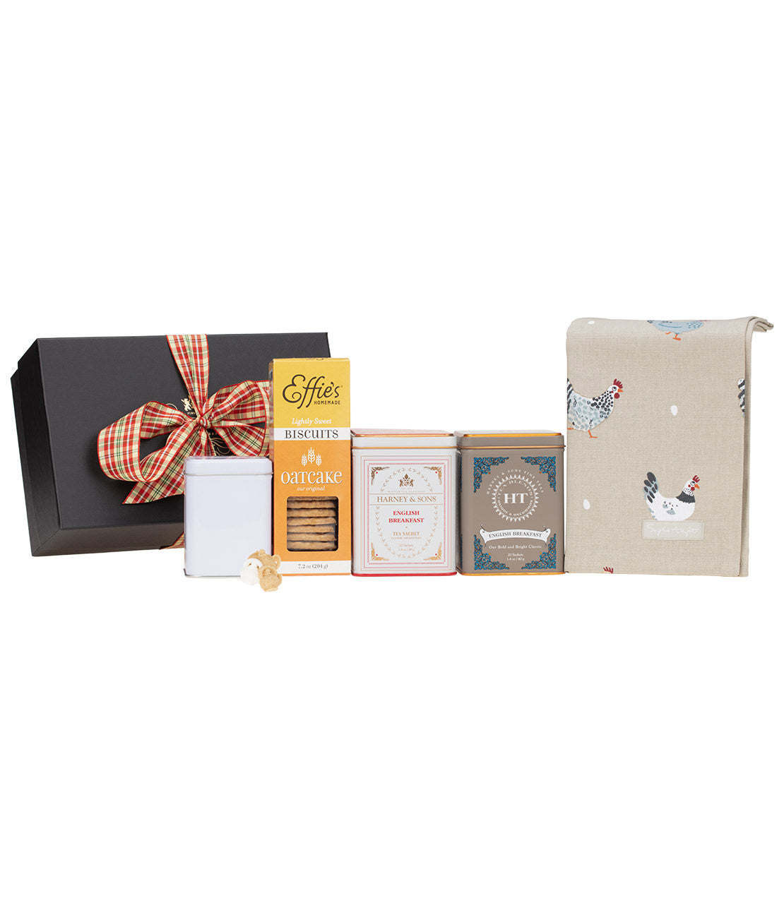 "English Delight Gift set featuring biscuits, tea, a candle, and a decorative kitchen towel in a gift box.