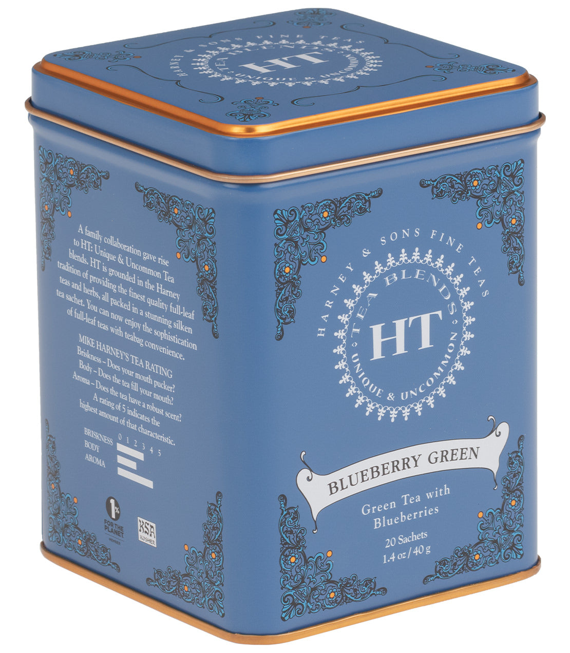 Blueberry Green tea tin featuring 20 sachets, designed with a blue and orange color scheme.