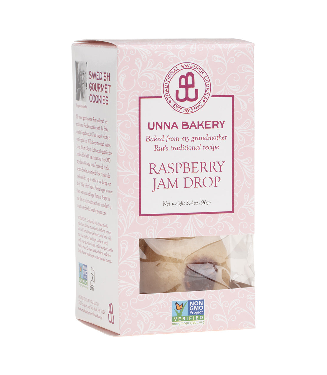 Unna Bakery Raspberry Jam Drop cookies packaging, featuring a pink design and traditional recipe details.