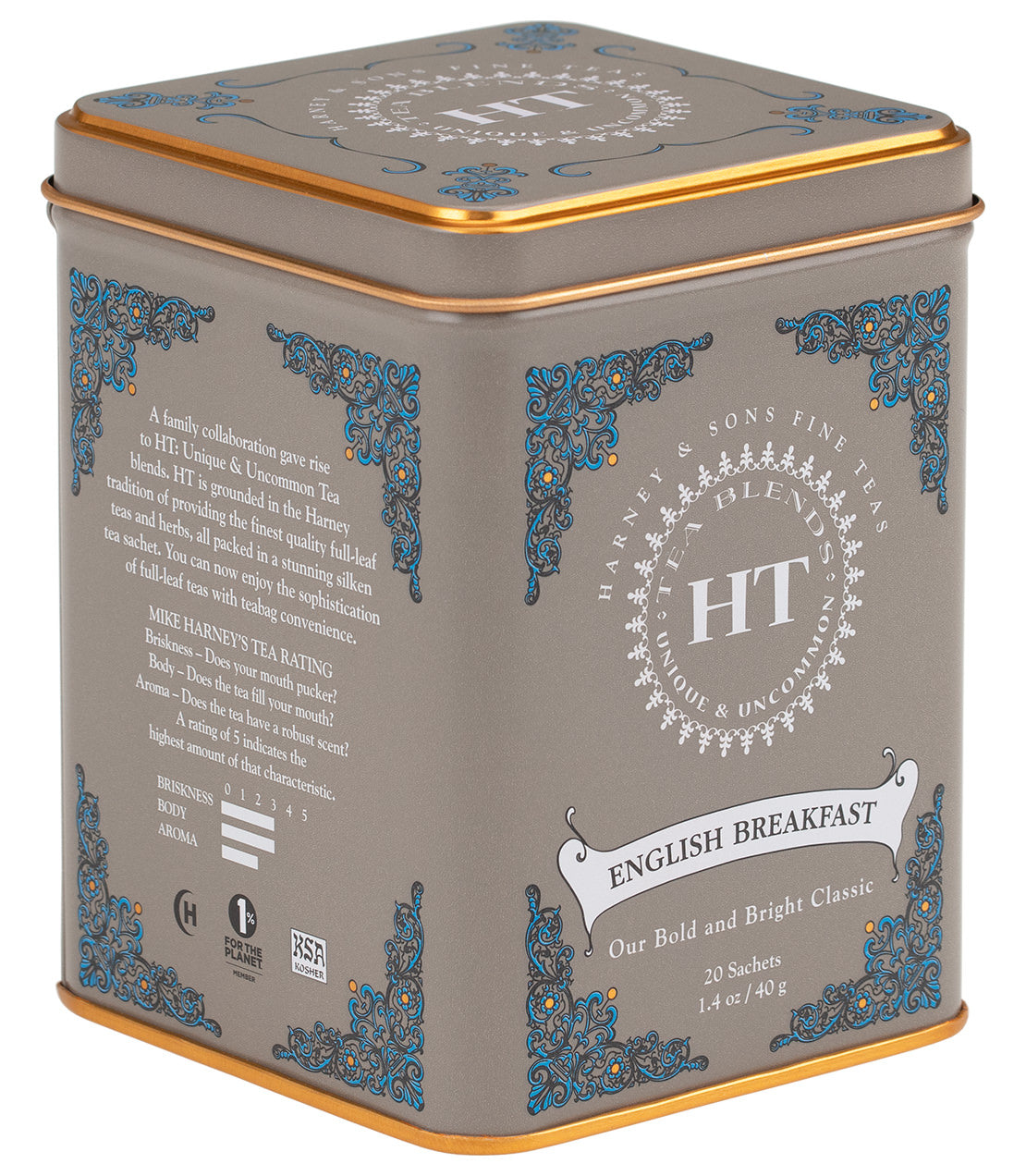 "HT English Breakfast tea tin with 20 sachets, featuring elegant design and bold flavor description.
