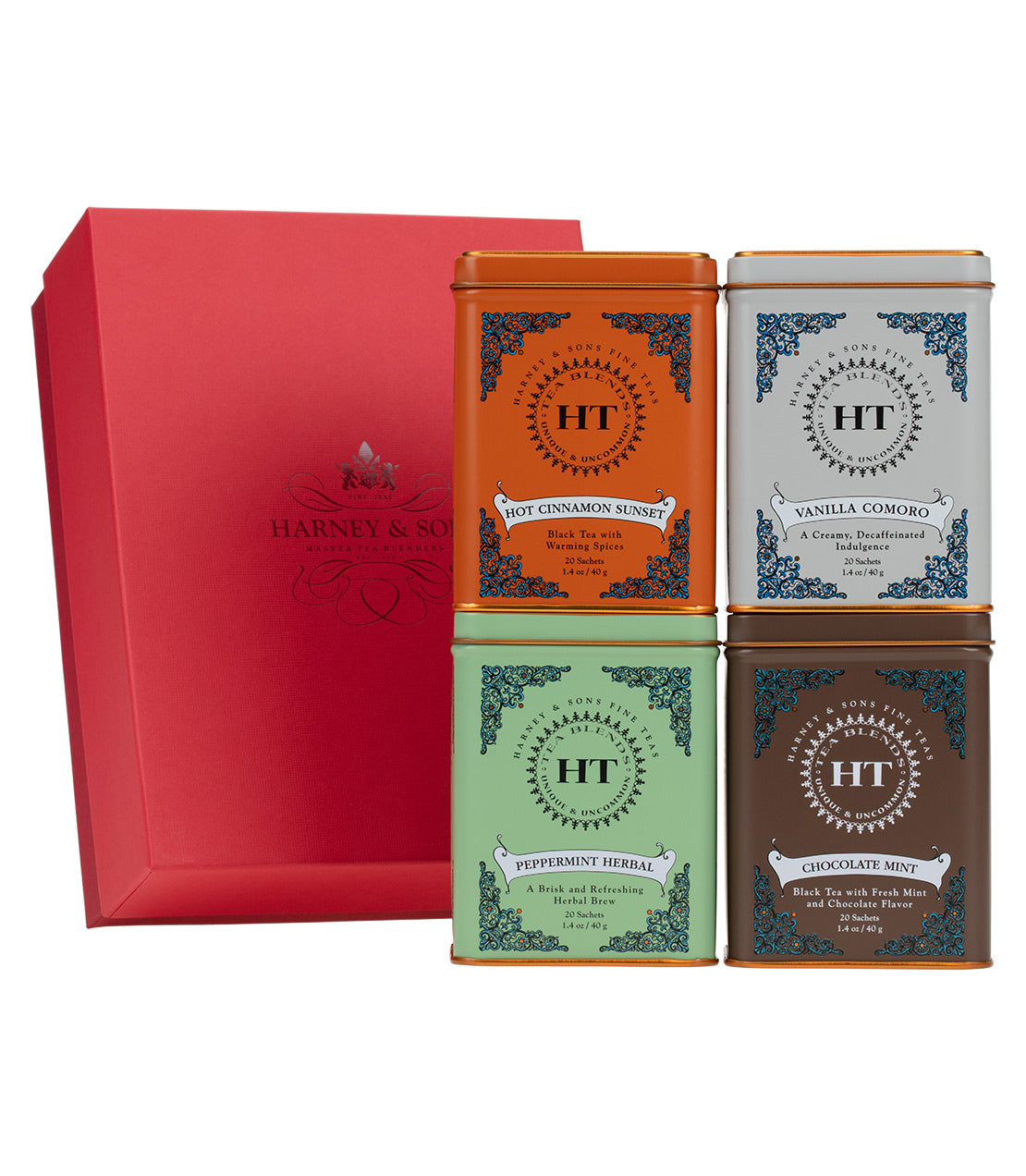 HT Holiday Soirée Gift set featuring four tea tins: Hot Cinnamon Sunset, Vanilla Comoro, Peppermint Herbal, and Chocolate Mint.