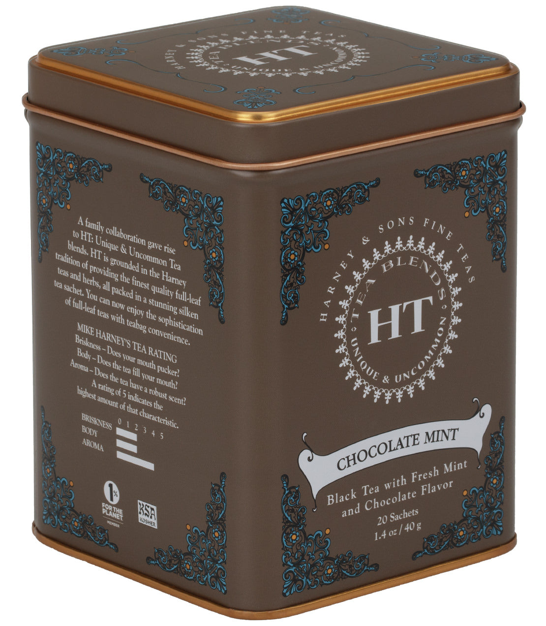 HT Chocolate Mint tea tin featuring 20 sachets of black tea with fresh mint and chocolate flavor.