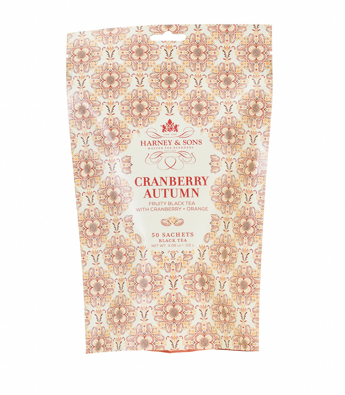 Harney & Sons Cranberry Autumn tea bag package, featuring 50 sachets of fruity black tea with cranberry and orange.