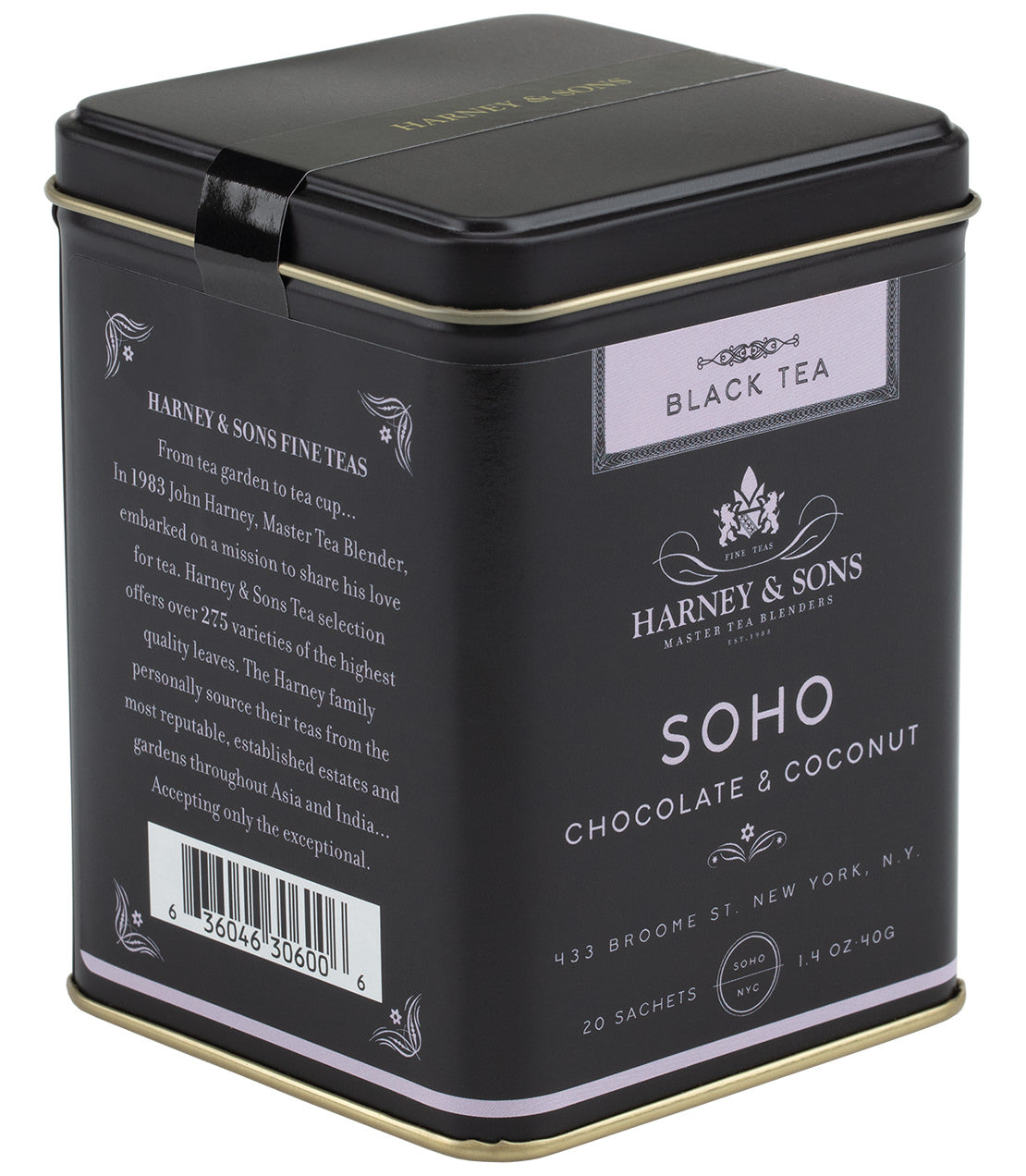 SoHo Blend tea tin by Harney & Sons, containing 20 sachets of chocolate and coconut black tea.