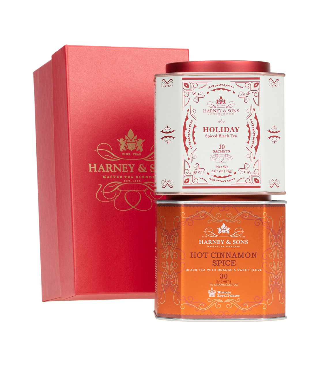 Harney & Sons Spiced Duo Gift featuring Holiday Spiced Black Tea and Hot Cinnamon Spice in a red box.